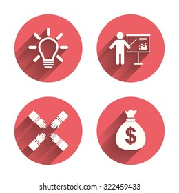 Presentation billboard icon. Dollar cash money and lamp idea signs. Man standing with pointer. Teamwork symbol. Pink circles flat buttons with shadow. Vector