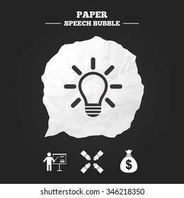 Presentation billboard icon. Dollar cash money and lamp idea signs. Man standing with pointer. Teamwork symbol. Paper speech bubble with icon.