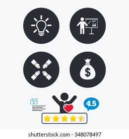 Presentation billboard icon. Dollar cash money and lamp idea signs. Man standing with pointer. Teamwork symbol. Star vote ranking. Client like and think bubble. Quotes with message.