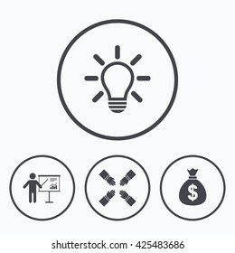 Presentation billboard icon. Dollar cash money and lamp idea signs. Man standing with pointer. Teamwork symbol. Icons in circles.