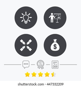 Presentation billboard icon. Dollar cash money and lamp idea signs. Man standing with pointer. Teamwork symbol. Chat, award medal and report linear icons. Star vote ranking. Vector