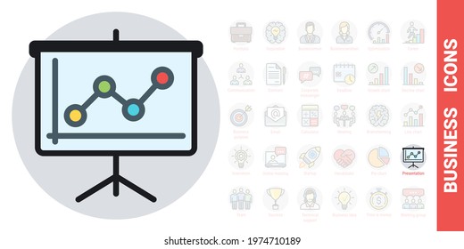 Presentation billboard icon with growing line chart. Simple color version from a series of business icons