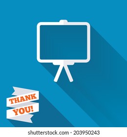 Presentation billboard sign icon. Clean board symbol. White flat icon with long shadow. Paper ribbon label with Thank you text. Vector
