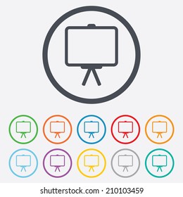 Presentation billboard sign icon. Clean board symbol. Round circle buttons with frame. Vector