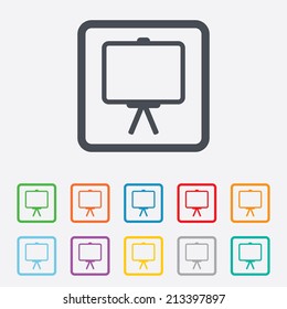 Presentation billboard sign icon. Clean board symbol. Round squares buttons with frame. Vector