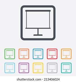 Presentation billboard sign icon. Clean board symbol. Round squares buttons with frame. Vector