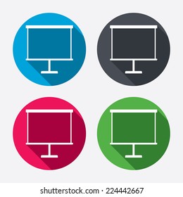 Presentation billboard sign icon. Clean board symbol. Circle buttons with long shadow. 4 icons set. Vector