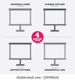 Presentation billboard sign icon. Clean board symbol. Diagonal and horizontal lines, classic outline, dotted texture. Pattern design icons.  Vector