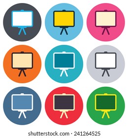 Presentation billboard sign icon. Clean board symbol. Colored round buttons. Flat design circle icons set. Vector
