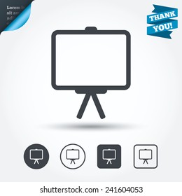 Presentation billboard sign icon. Clean board symbol. Circle and square buttons. Flat design set. Thank you ribbon. Vector