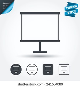 Presentation billboard sign icon. Clean board symbol. Circle and square buttons. Flat design set. Thank you ribbon. Vector