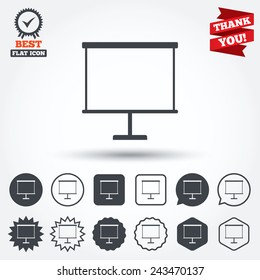 Presentation billboard sign icon. Clean board symbol. Circle, star, speech bubble and square buttons. Award medal with check mark. Thank you ribbon. Vector