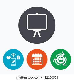 Presentation billboard sign icon. Clean board symbol. Mobile payments, calendar and wifi icons. Bus shuttle.