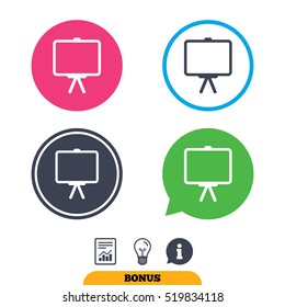 Presentation billboard sign icon. Clean board symbol. Report document, information sign and light bulb icons. Vector
