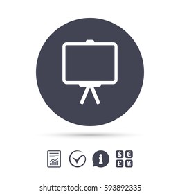 Presentation billboard sign icon. Clean board symbol. Report document, information and check tick icons. Currency exchange. Vector