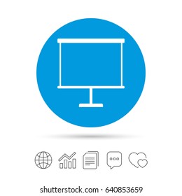 Presentation billboard sign icon. Clean board symbol. Copy files, chat speech bubble and chart web icons. Vector