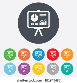 Presentation billboard sign icon. Scheme and Diagram symbol. Round colourful 11 buttons. Vector
