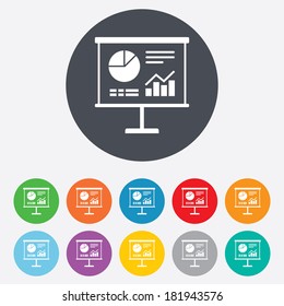 Presentation billboard sign icon. Scheme and Diagram symbol. Round colourful 11 buttons. Vector
