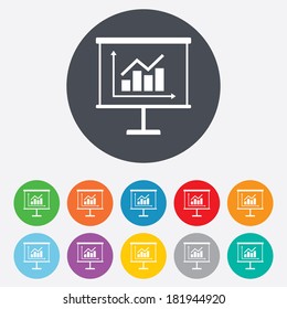 Presentation billboard sign icon. Scheme and Diagram symbol. Round colourful 11 buttons. Vector