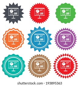 Presentation billboard sign icon. Scheme and Diagram symbol. Stars stickers. Certificate emblem labels. Vector