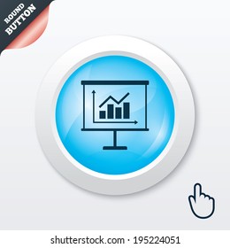 Presentation billboard sign icon. Scheme and Diagram symbol. Blue shiny button. Modern UI website button with hand cursor pointer. Vector