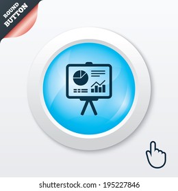 Presentation billboard sign icon. Scheme and Diagram symbol. Blue shiny button. Modern UI website button with hand cursor pointer. Vector