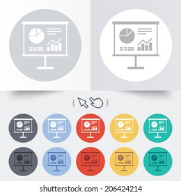 Presentation billboard sign icon. Scheme and Diagram symbol. Round 12 circle buttons. Shadow. Hand cursor pointer. Vector