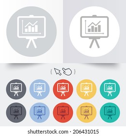 Presentation billboard sign icon. Scheme and Diagram symbol. Round 12 circle buttons. Shadow. Hand cursor pointer. Vector