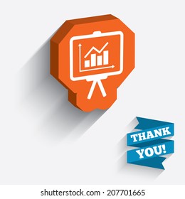 Presentation billboard sign icon. Scheme and Diagram symbol. White icon on orange 3D piece of wall. Carved in stone with long flat shadow. Vector