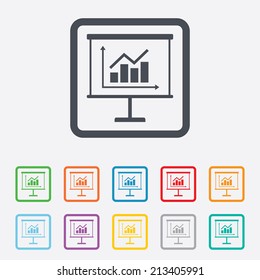 Presentation billboard sign icon. Scheme and Diagram symbol. Round squares buttons with frame. Vector