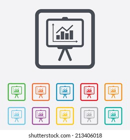 Presentation billboard sign icon. Scheme and Diagram symbol. Round squares buttons with frame. Vector