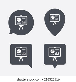 Presentation billboard sign icon. Scheme and Diagram symbol. Map pointers information buttons. Speech bubbles with icons. Vector