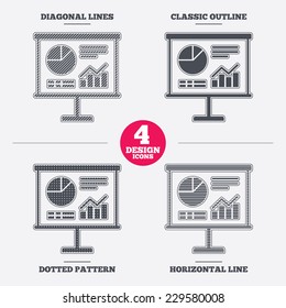 Presentation billboard sign icon. Scheme and Diagram symbol. Diagonal and horizontal lines, classic outline, dotted texture. Pattern design icons.  Vector