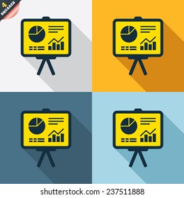Presentation billboard sign icon. Scheme and Diagram symbol. Four squares. Colored Flat design buttons. Vector