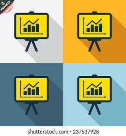 Presentation billboard sign icon. Scheme and Diagram symbol. Four squares. Colored Flat design buttons. Vector