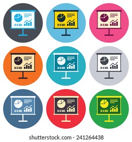 Presentation billboard sign icon. Scheme and Diagram symbol. Colored round buttons. Flat design circle icons set. Vector