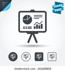 Presentation billboard sign icon. Scheme and Diagram symbol. Circle and square buttons. Flat design set. Thank you ribbon. Vector