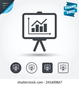 Presentation billboard sign icon. Scheme and Diagram symbol. Circle and square buttons. Flat design set. Thank you ribbon. Vector