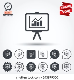 Presentation billboard sign icon. Scheme and Diagram symbol. Circle, star, speech bubble and square buttons. Award medal with check mark. Thank you. Vector