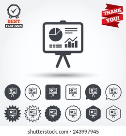 Presentation billboard sign icon. Scheme and Diagram symbol. Circle, star, speech bubble and square buttons. Award medal with check mark. Thank you. Vector