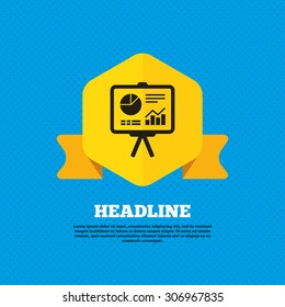 Presentation billboard sign icon. Scheme and Diagram symbol. Yellow label tag. Circles seamless pattern on back. Vector