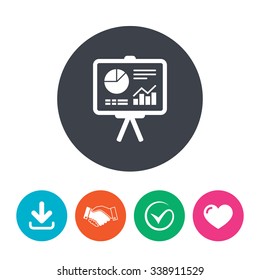 Presentation billboard sign icon. Scheme and Diagram symbol. Download arrow, handshake, tick and heart. Flat circle buttons.