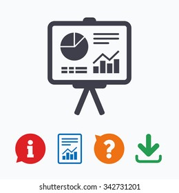 Presentation billboard sign icon. Scheme and Diagram symbol. Information think bubble, question mark, download and report.