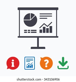 Presentation billboard sign icon. Scheme and Diagram symbol. Information think bubble, question mark, download and report.