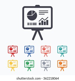 Presentation billboard sign icon. Scheme and Diagram symbol. Colored flat icons on white background.
