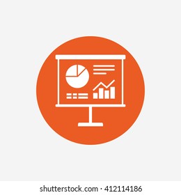 Presentation billboard sign icon. Scheme and Diagram symbol. Orange circle button with icon. Vector