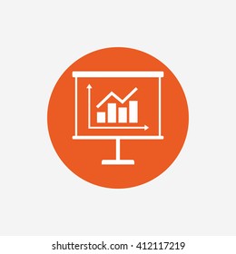 Presentation billboard sign icon. Scheme and Diagram symbol. Orange circle button with icon. Vector