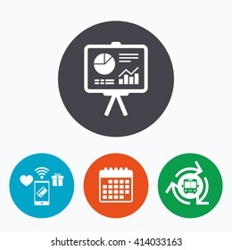 Presentation billboard sign icon. Scheme and Diagram symbol. Mobile payments, calendar and wifi icons. Bus shuttle.