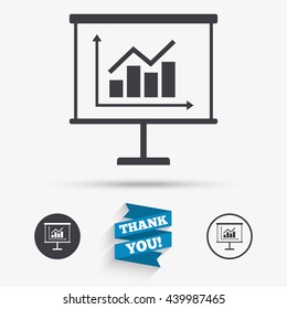 Presentation billboard sign icon. Scheme and Diagram symbol. Flat icons. Buttons with icons. Thank you ribbon. Vector