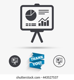 Presentation billboard sign icon. Scheme and Diagram symbol. Flat icons. Buttons with icons. Thank you ribbon. Vector